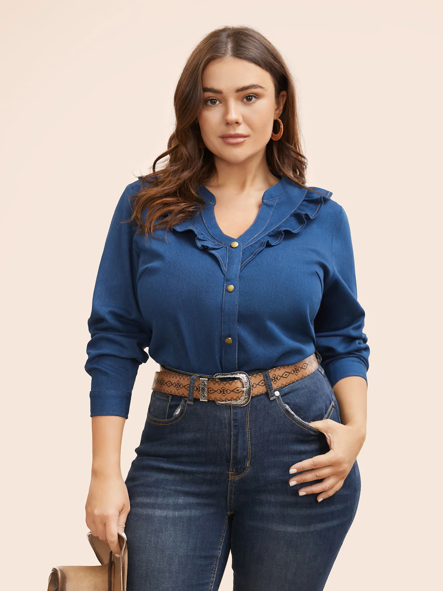 Stretch Denim Lotus Leaf Neckline Shirt