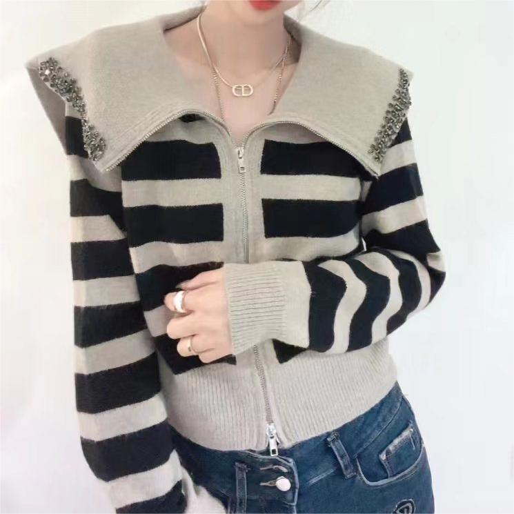 Sailor Collar Striped Sweater Coat with Niche Design and Hot Drilling Details