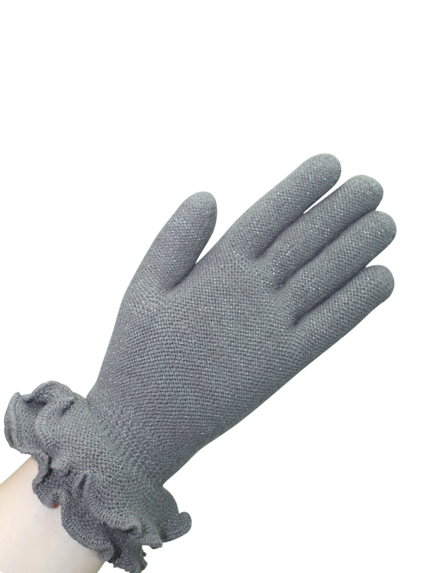 Gray Double Layer Knit Gloves With Ruffle Trim