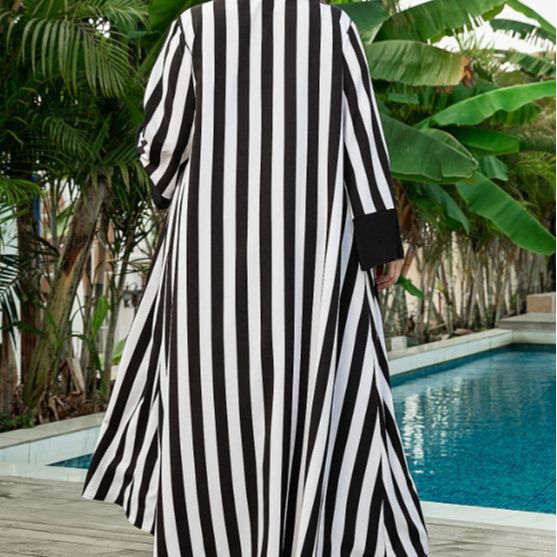 Plus Size Casual Cardigan Coat Striped Color Matching Artistic Long Sleeve Women