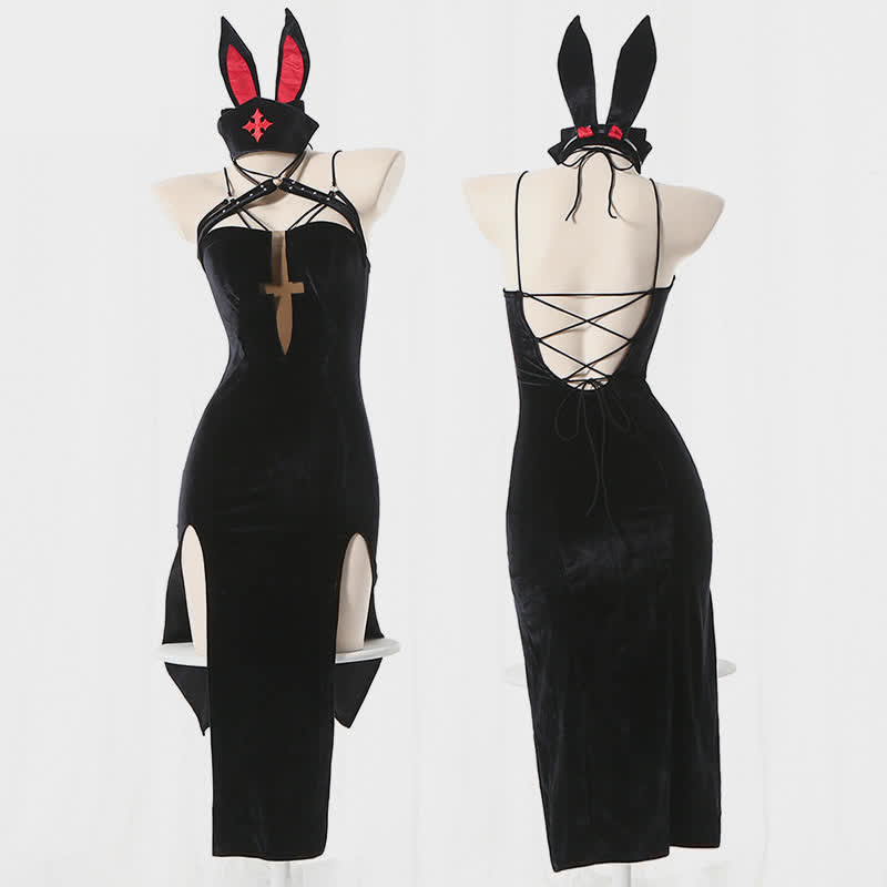 Cosplay Nurse Lace Up Bunny High Split Lingerie Dress