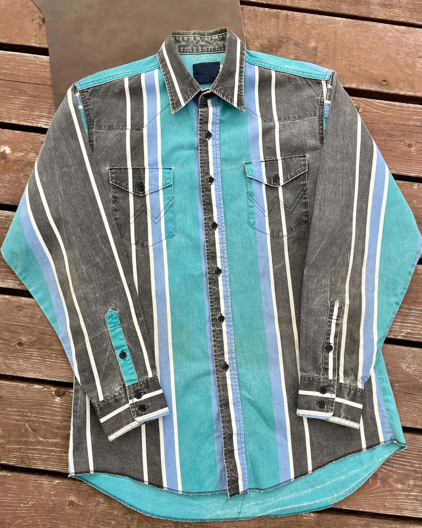 Men's Fashion Western Blue Black Striped Long Sleeve Shirt