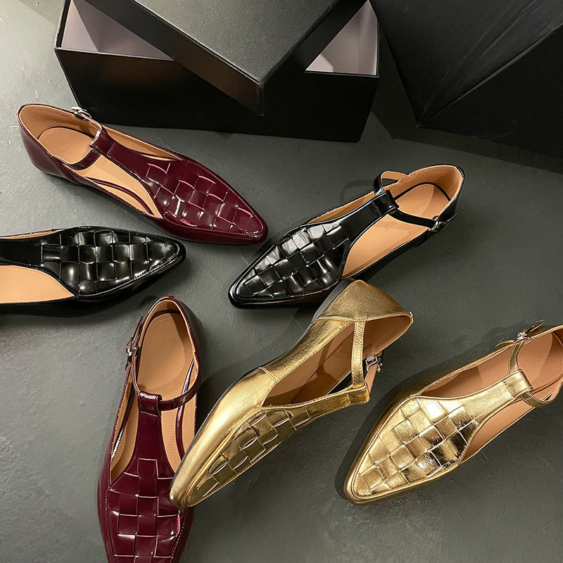 Fashion Pointed Flat Gold Leather Women's Shoes