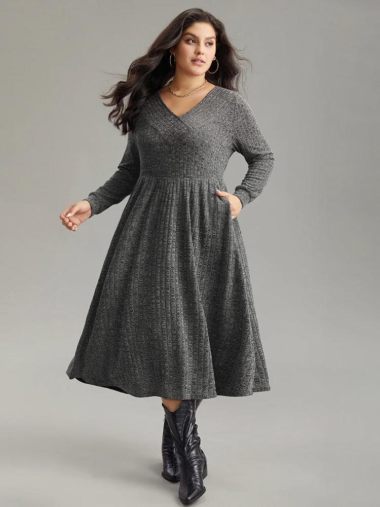 Rib Knit Plain Plisse Long Sleeve Dress
