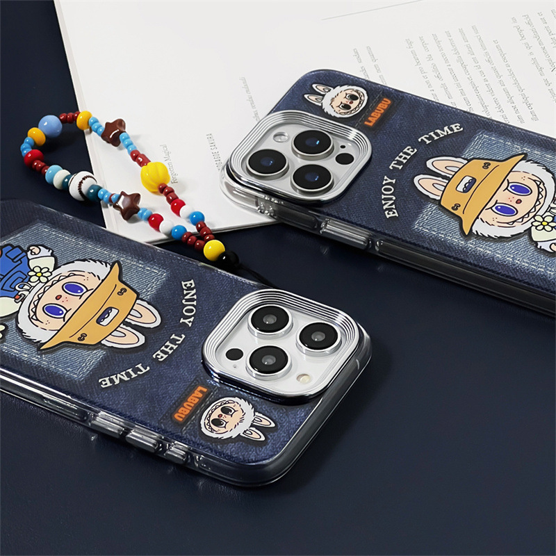 Labubu dark blue denim pocket phone case for iPhone