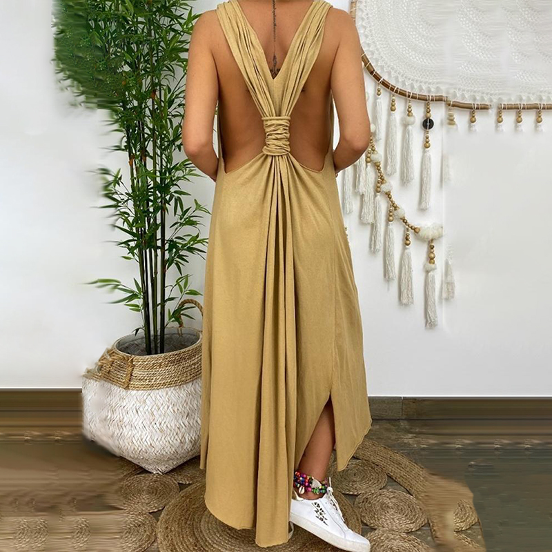 Solid Color Backless Irregular Midi Dress