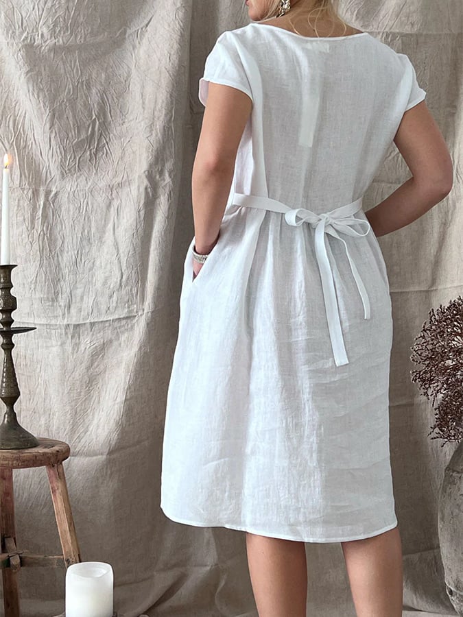 Women's Cotton And Linen Solid Color Tie-Back Dress