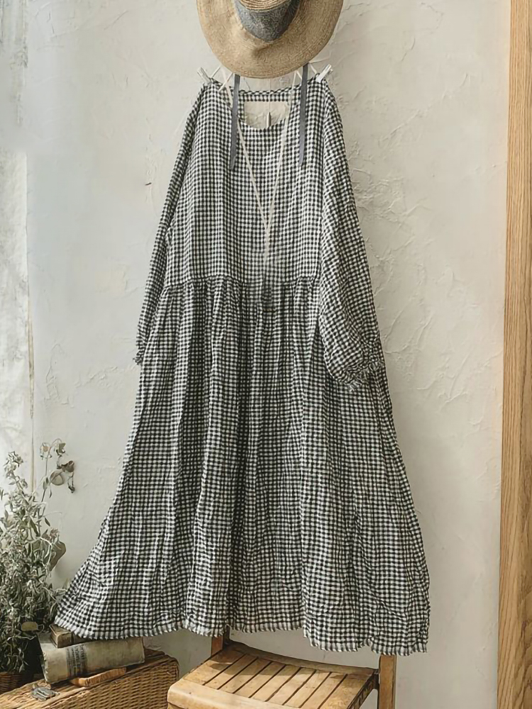 Vintage Checkered Long Sleeve Cotton Linen Midi Dresses