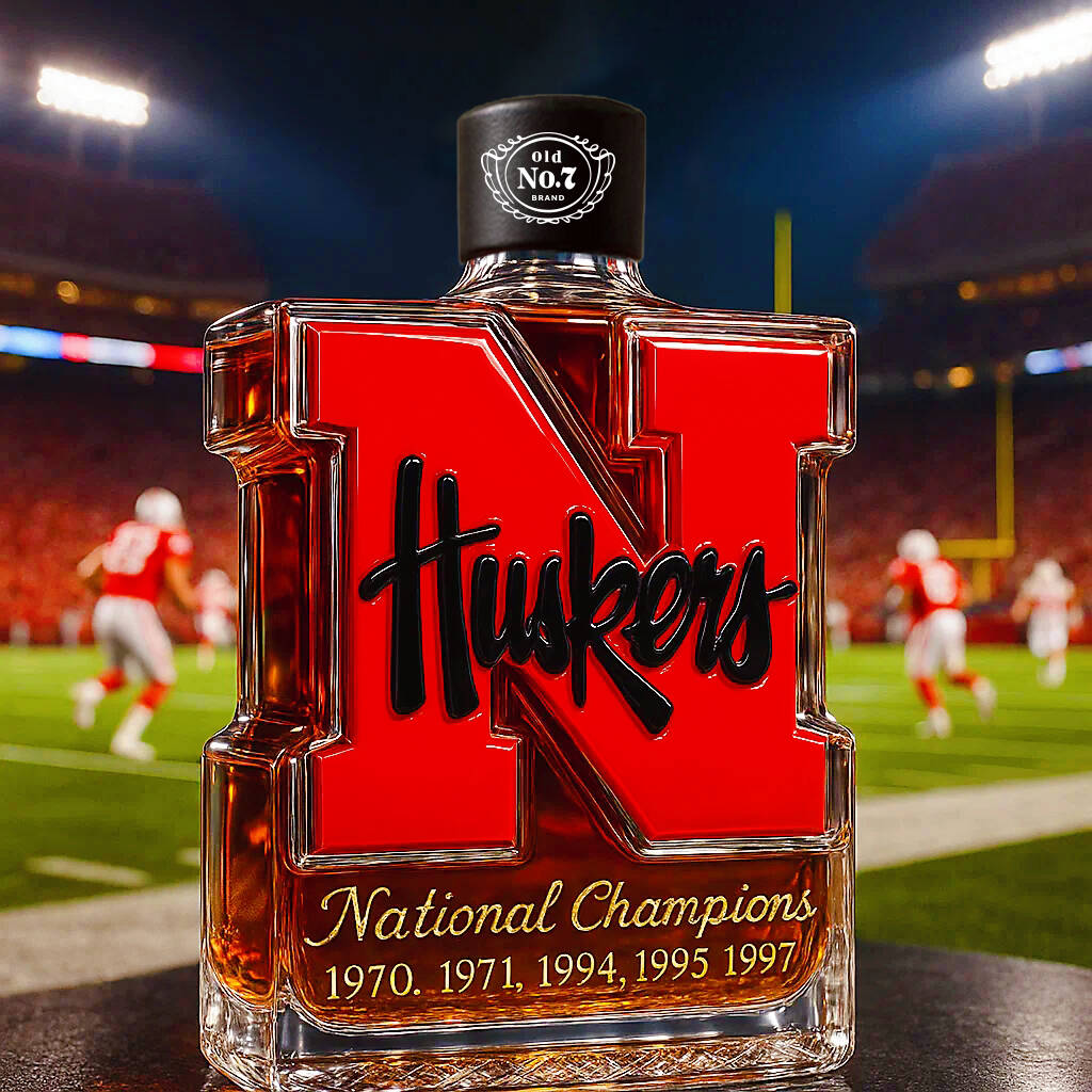 Nebraska Cornhuskers 5-Time National Champions Whiskey Bottle