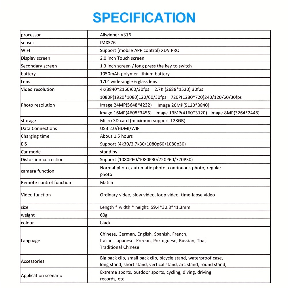 4K/60fps Touch Screen Hd Screen 170 Degree Wide Angle Unwaterproof 1181.1inch WiFi Action Camera With Remote Control Max Support 128GB Memory Card (not Included Sd Card )