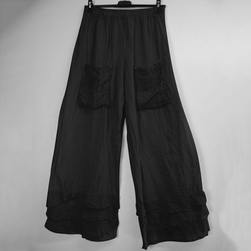 Solid Ruffle Hem Pocket Cotton Linen Pants