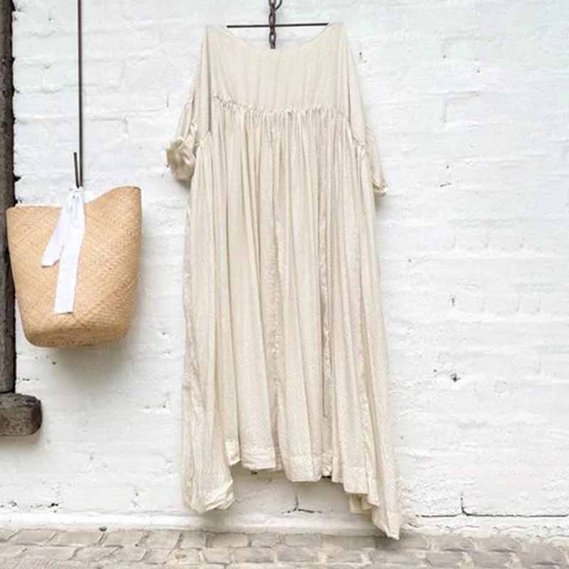 Vintage Pleat Round Neck Short Sleeve Midi Dress