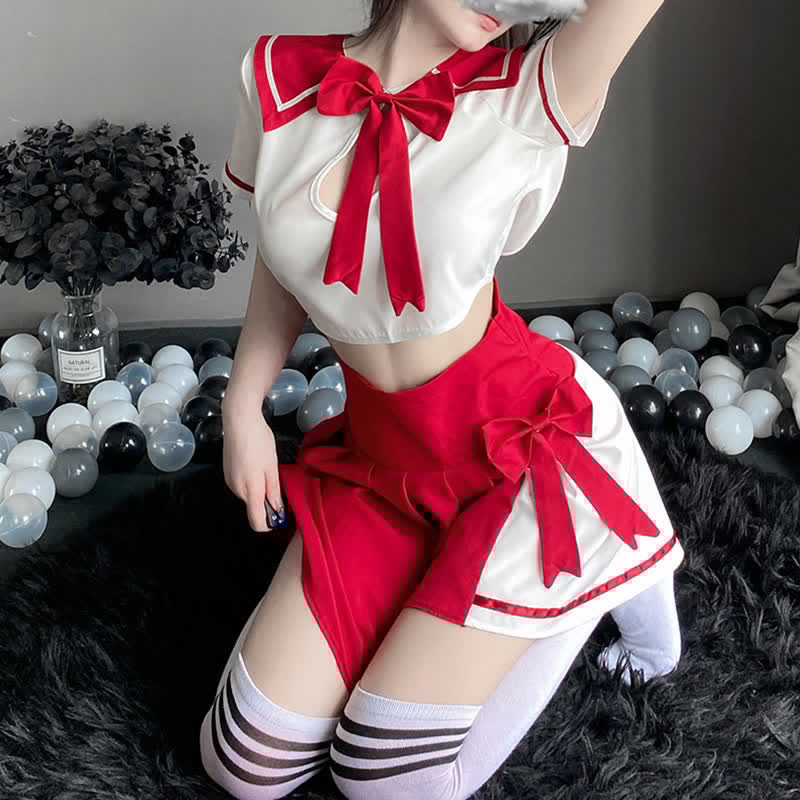 Hollow Out Bowknot JK Uniform Lingerie Stockings Set