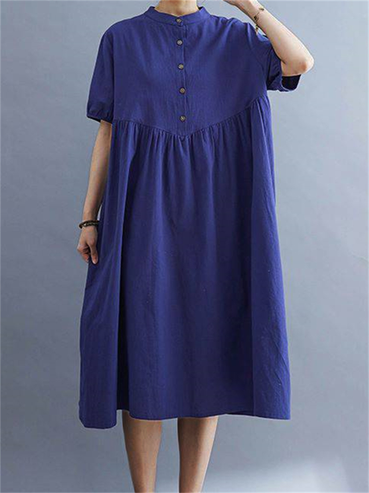 Vintage Button Up Pleated Oversize Linen Midi Dress