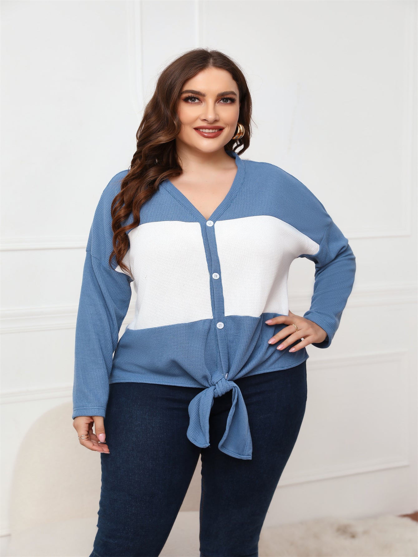 Plus Size Women Clothing Spring Autumn Long Sleeve V Neck Open Placket Top