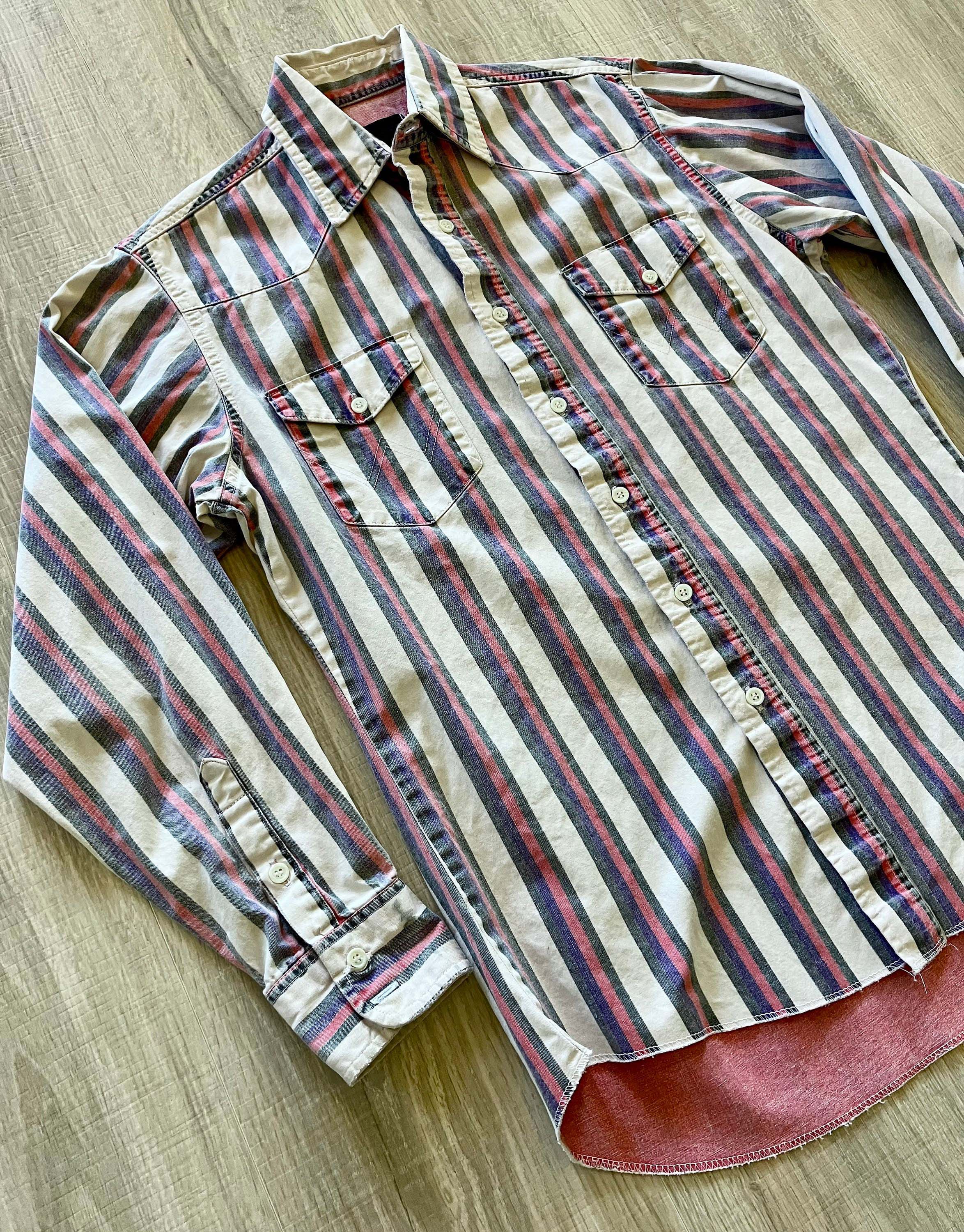 Men's Fashion Western Dark Blue Khaki Striped Long Sleeve Shirt