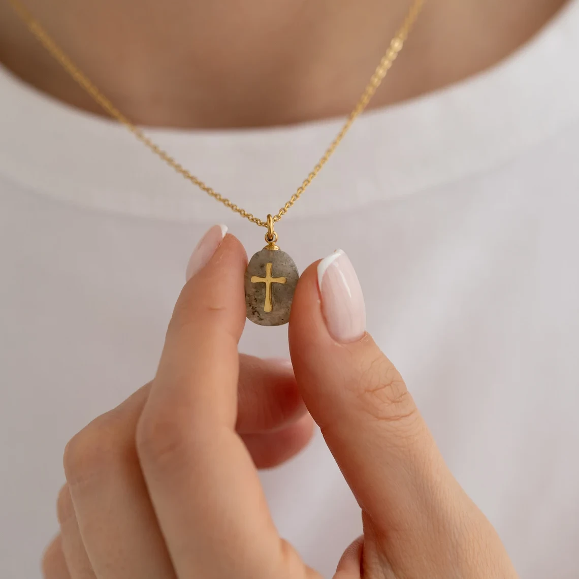 Natural Stone Cross Necklace