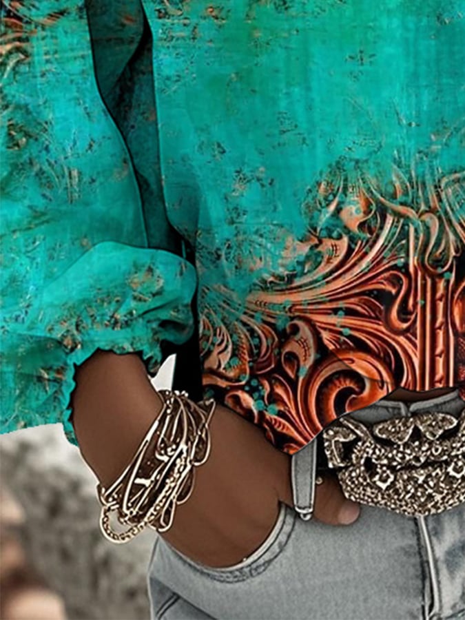 Women's Casual Retro Western Contrast Color Puff Sleeve Shirt