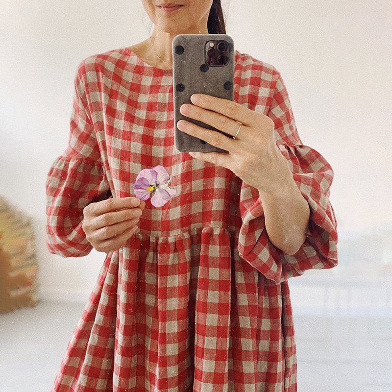Casual Balloon Sleeve Check Crew Neck Midi Dress