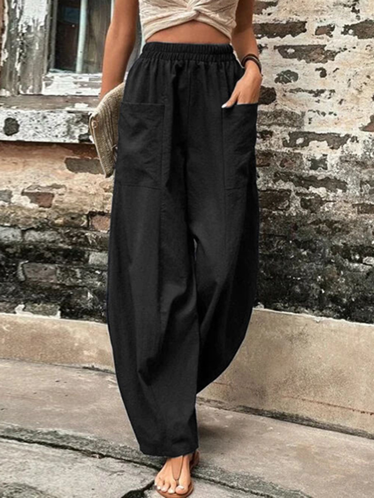 Solid Pocket Loose Casual Pants