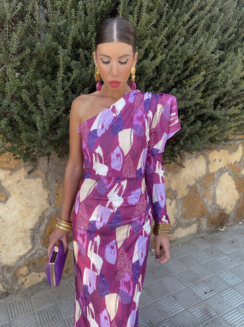 Purple Puff One Shoulder Midi Dress