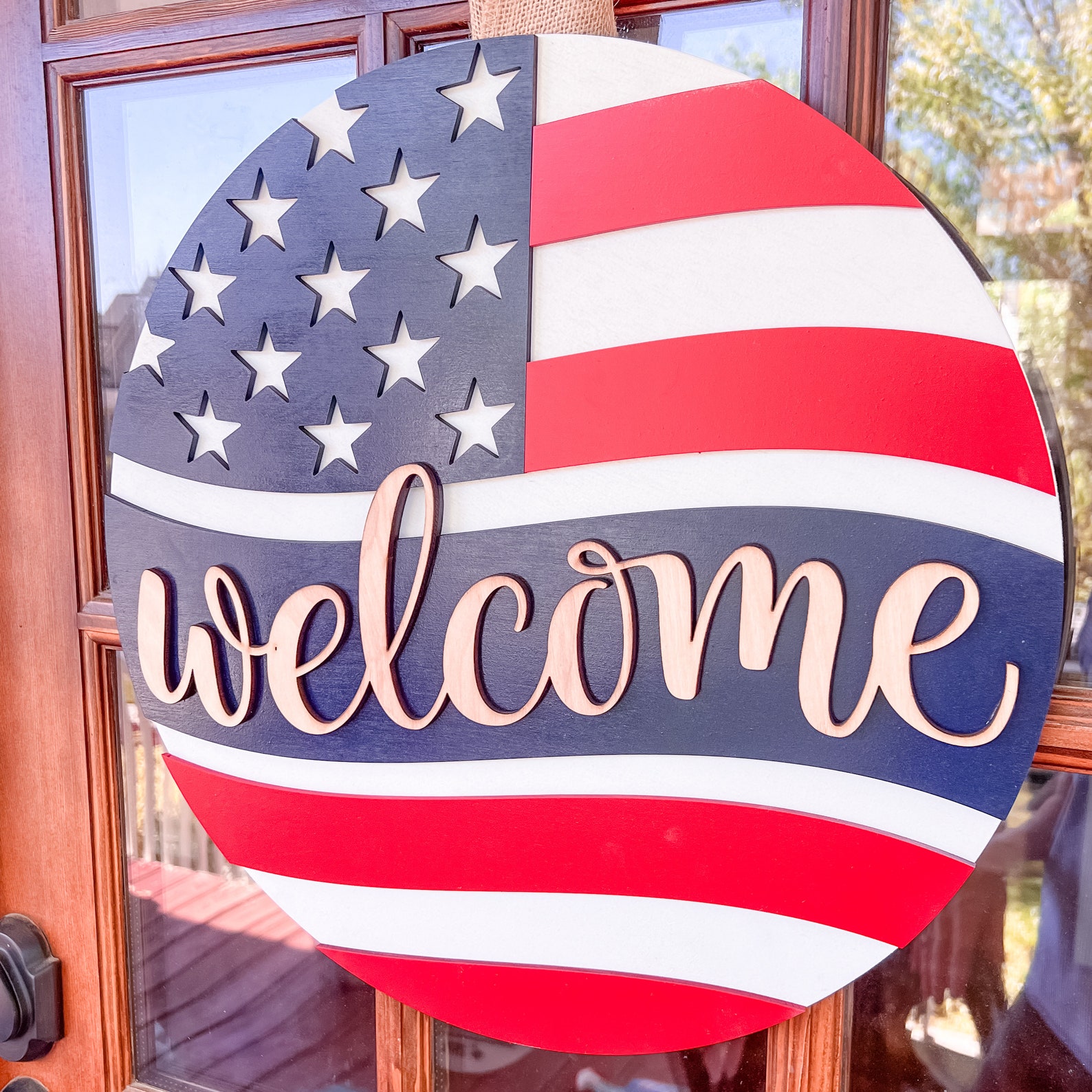 U.S. Sellers🔥4th of July Patriotic Decorations - Red White Blue Wooden Front Door Welcome Sign