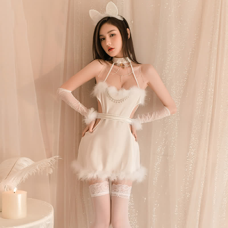 Cosplay Bunny Halter Hollow Out Fuzzy Lingerie Dress