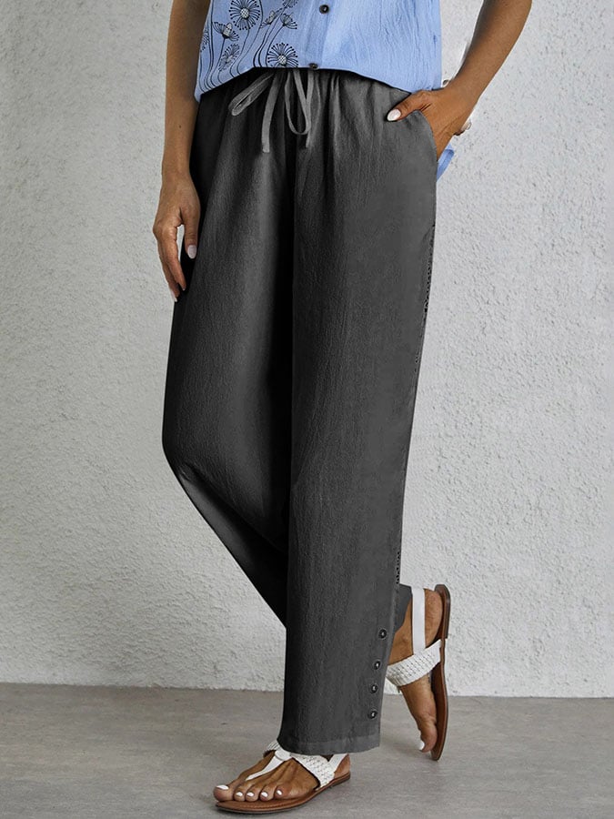 Casual Elegant Lace-Up With Pockets Buttons Lace Side Cotton Linen Trousers