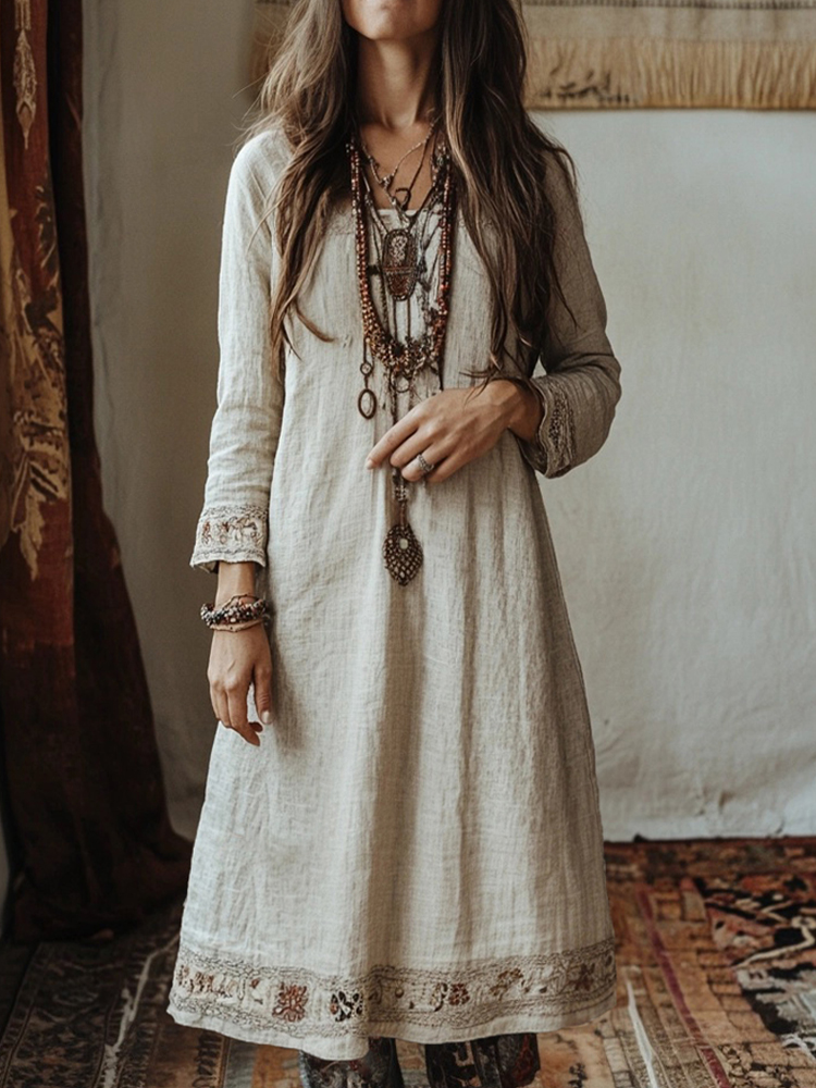 Vintage Floral Embroidered Linen Blend Midi Dress