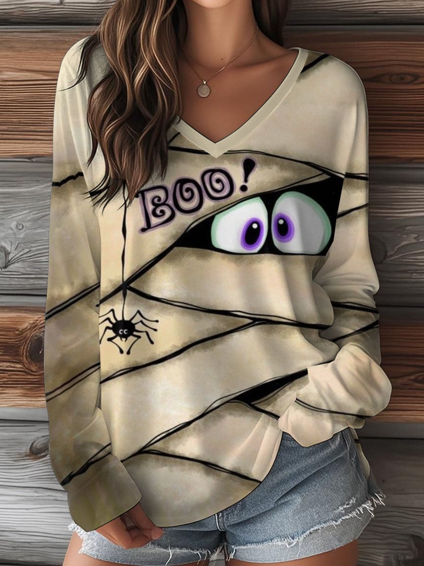 Women's Retro Halloween Peekaboo Monster Print Top