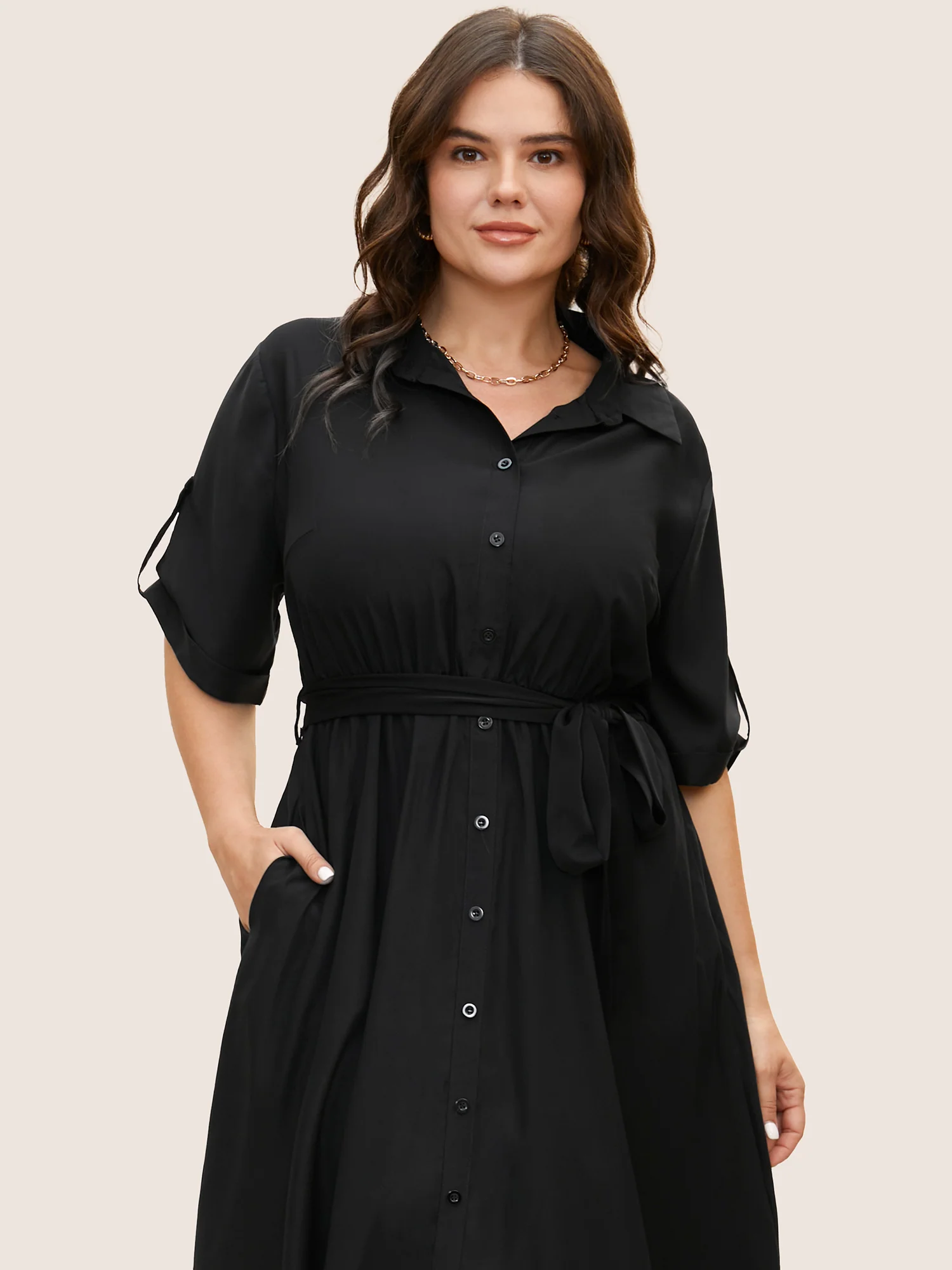 Shirt Collar Tab Sleeve Split Hem Dress