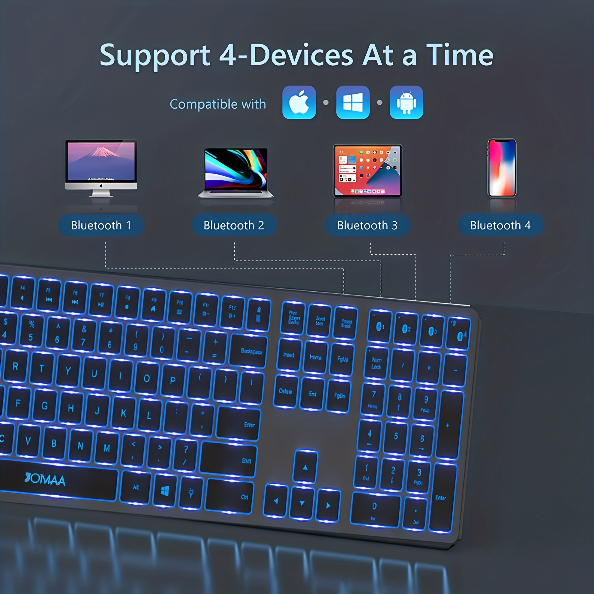 JOMAA BT Keyboard LED Backlit Wireless Keyboard Rechargeable Keyboard For  PC IPad Laptop