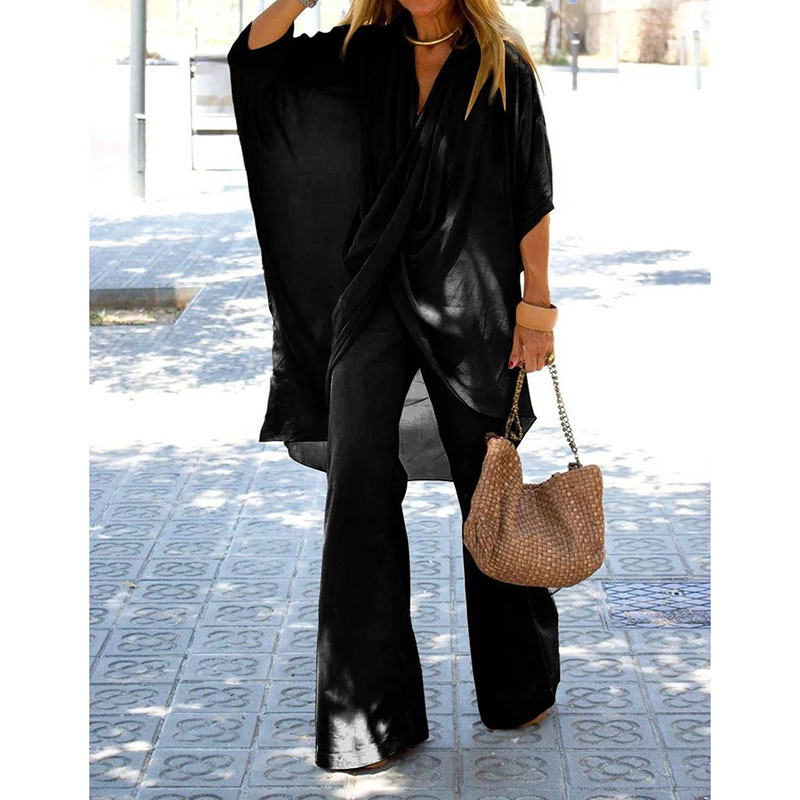Simple casual loose V-neck cropped pants set