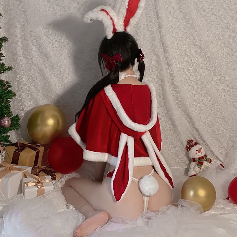 Sexy Fuzzy Ball Bikini Lingerie Set With Bunny Hooded Cloak