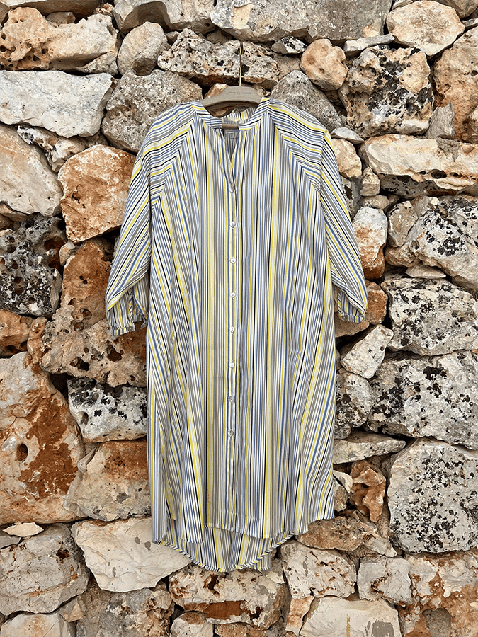 Women's Vintage Contrast Stripe Design V-Neck Button-Up Cotton And Linen Dress