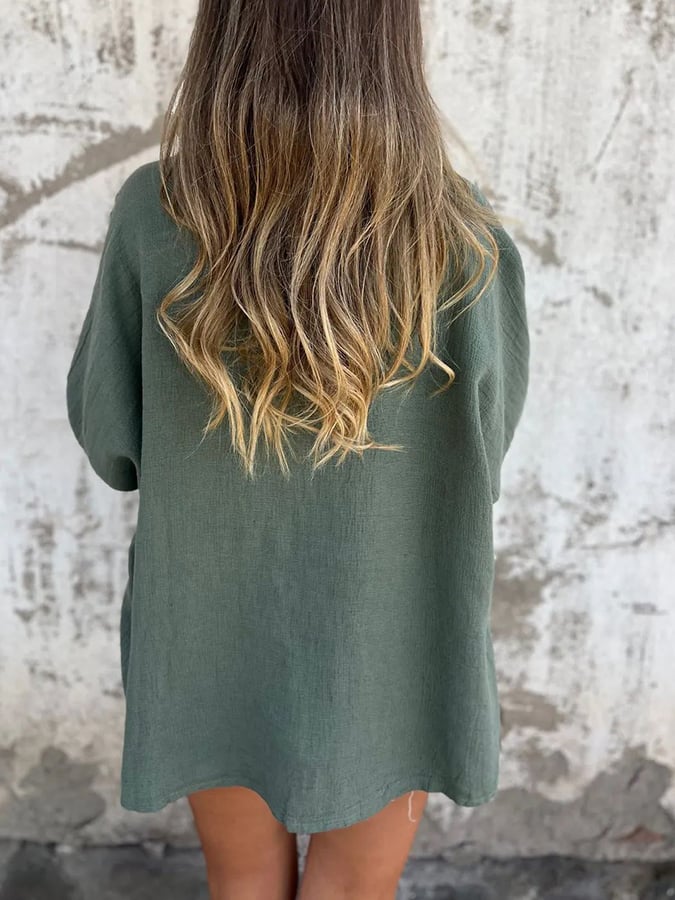 Women's V-Neck Long Sleeve Loose Button Design Casual Shirt