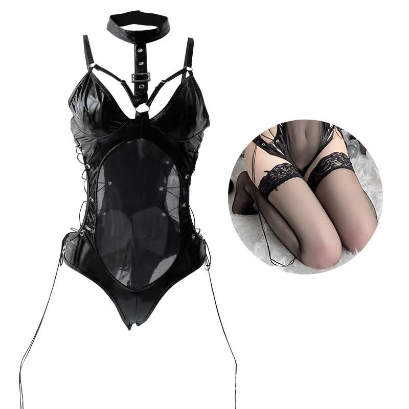 Lace Up Hollow Out PU Jumpsuit Lingerie Set
