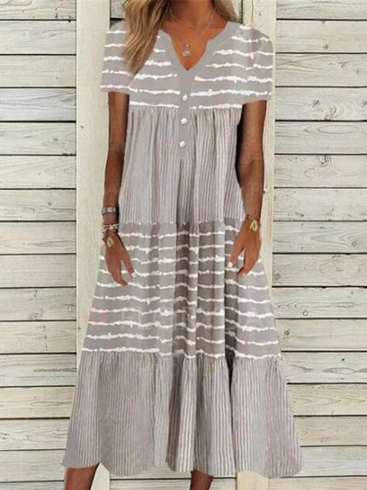 Stripes Printed Pleat V Neck Midi Dress