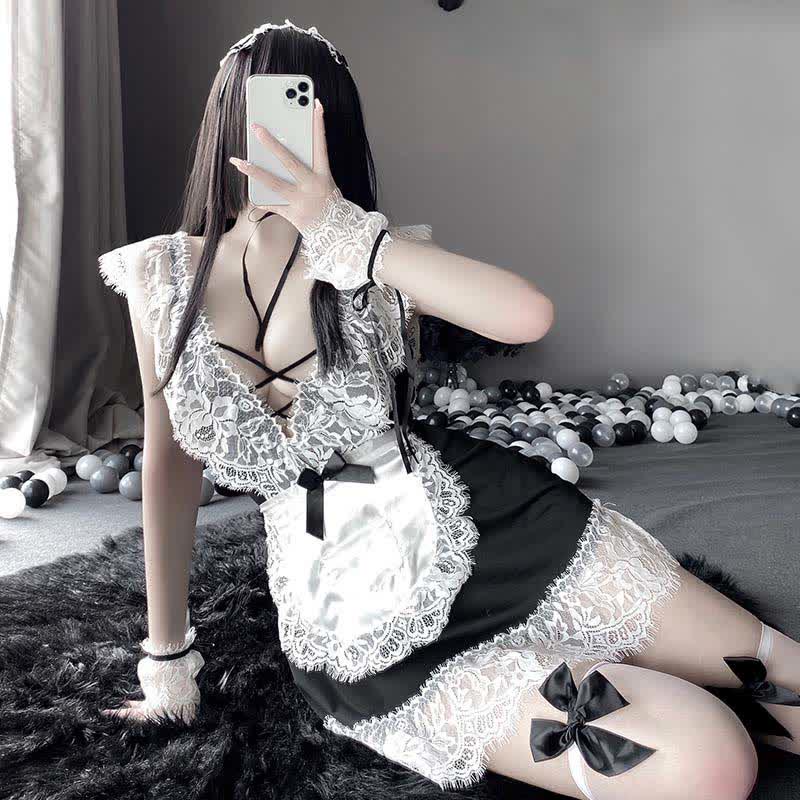 Cosplay Maid Deep V-neck Lace Lingerie Dress