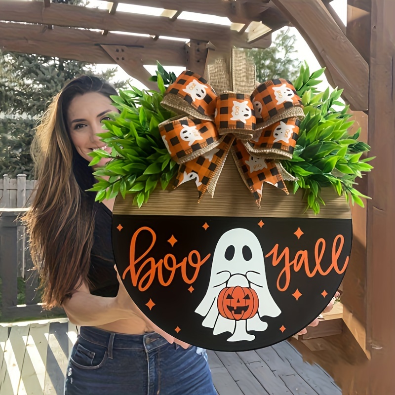 🎃👻Spooky White Ghost Pumpkin Boo Y'all Door Hanging Sign - 15.74 inches/40 cm