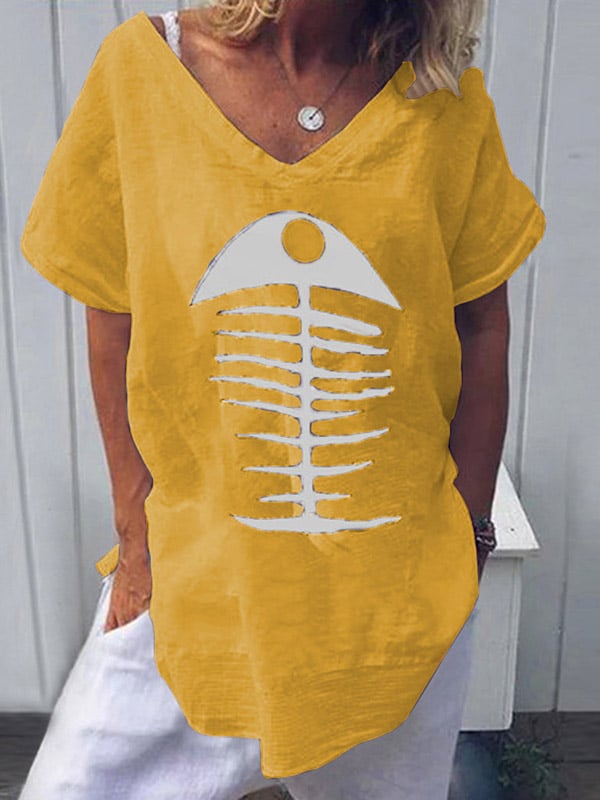 Fishbone Print Loose Cotton Linen T-Shirt Summer