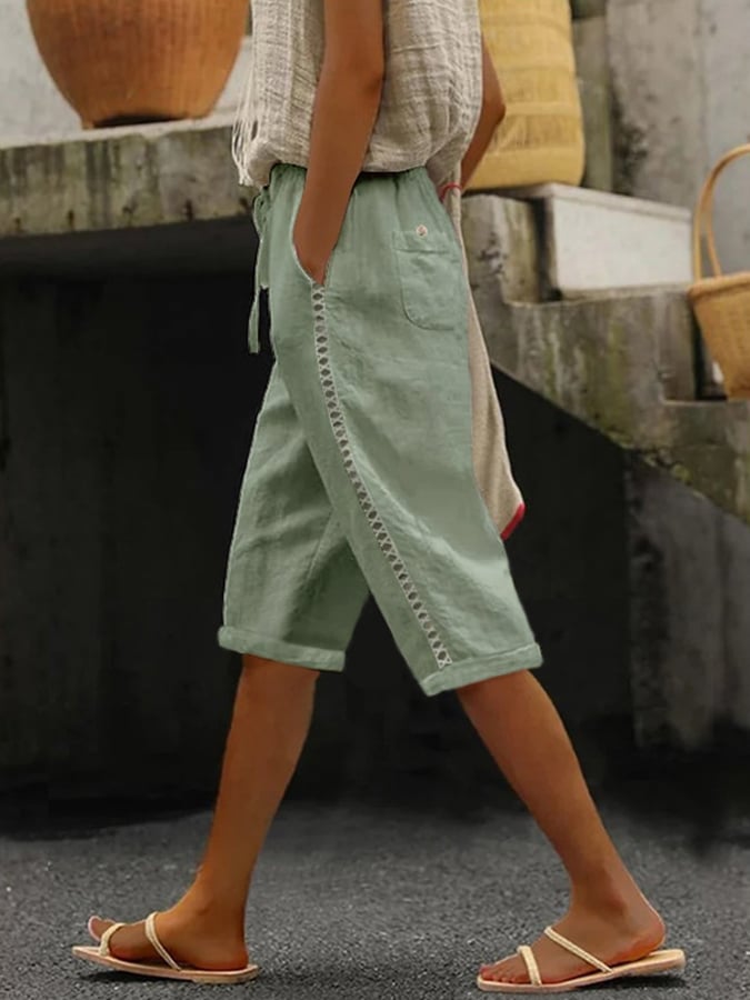 Cotton And Linen Side Lace Hollow Stitching Casual Five-Point Pants
