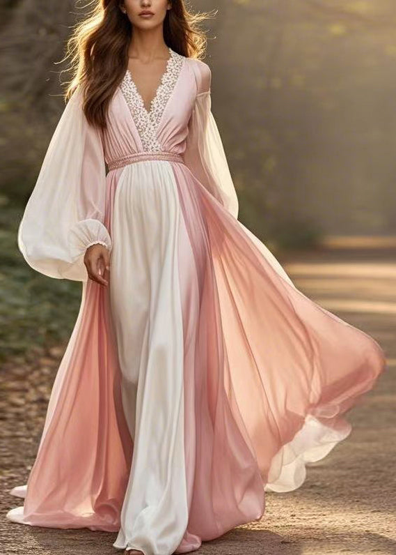 Plus Size Colorblock V Neck Patchwork Chiffon Dress Lantern Sleeve
