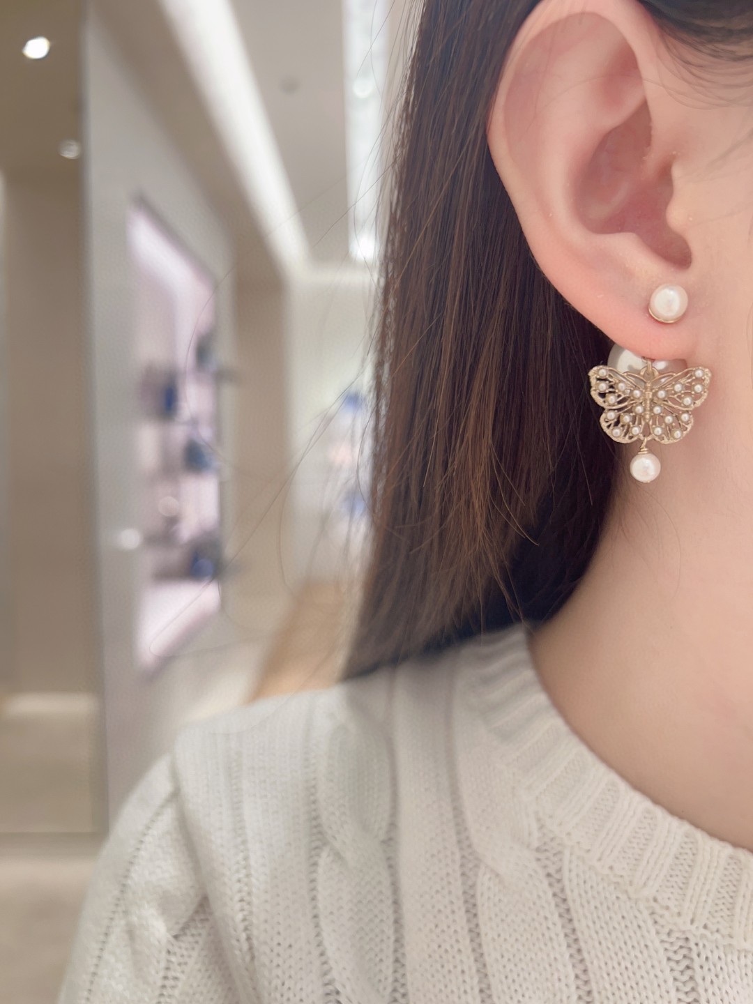 Dior Pearl Hollow Butterfly Earrings