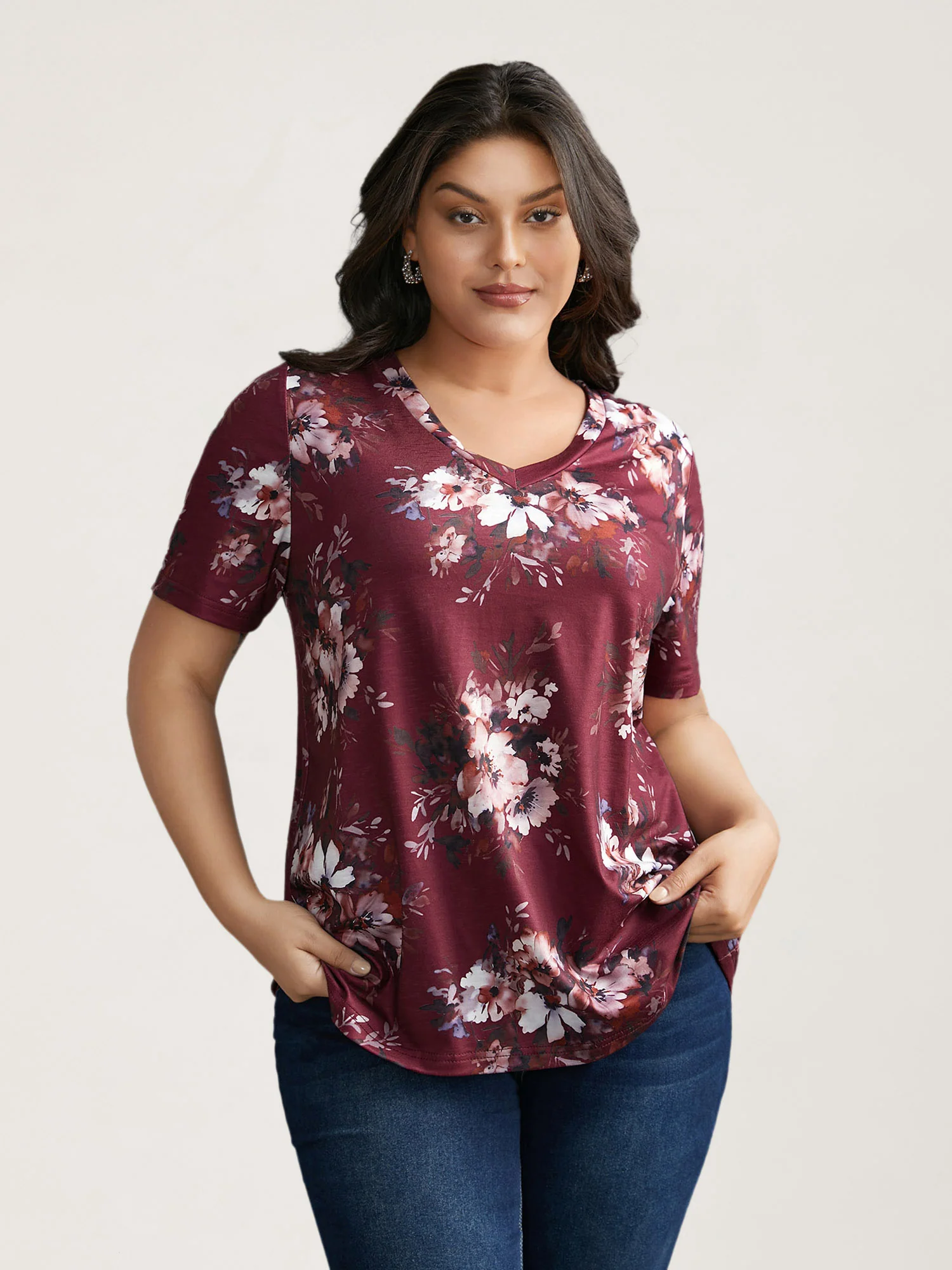 Floral Print V Neck Stretchy T-shirt