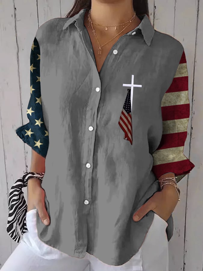 Women's Casual Cotton and Linen Independence Day Shirt