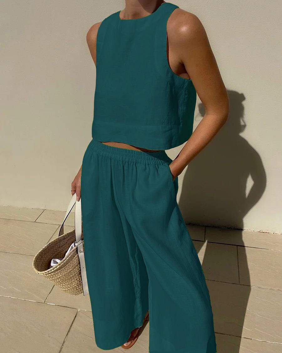 Women'S Casual Solid Color Cotton And Linen Two-Piece Suit