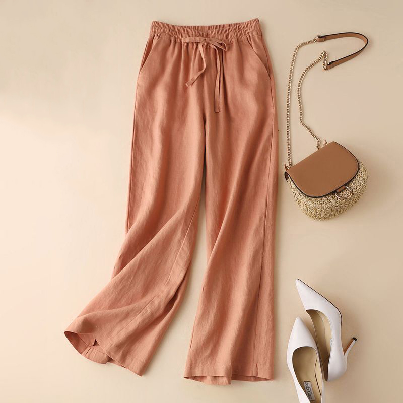 Solid Color Cotton Linen High Waist Straight-Leg Casual Pants