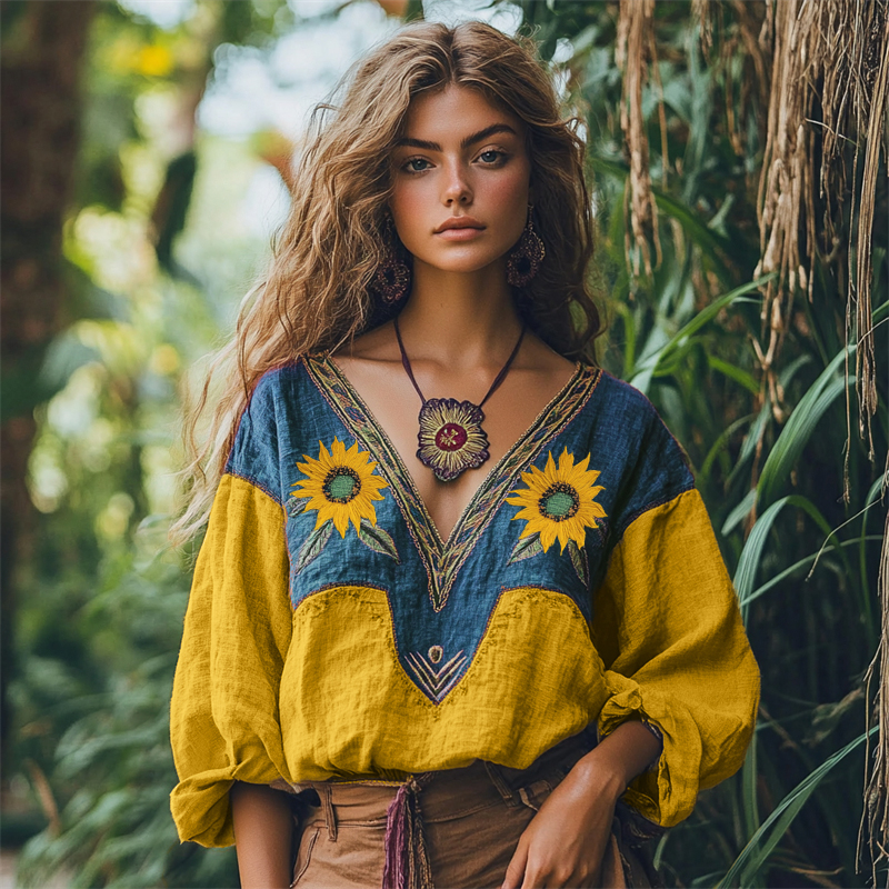 Vintage Boho Sunflowers Embroidered Contrast Linen Blend Tunic
