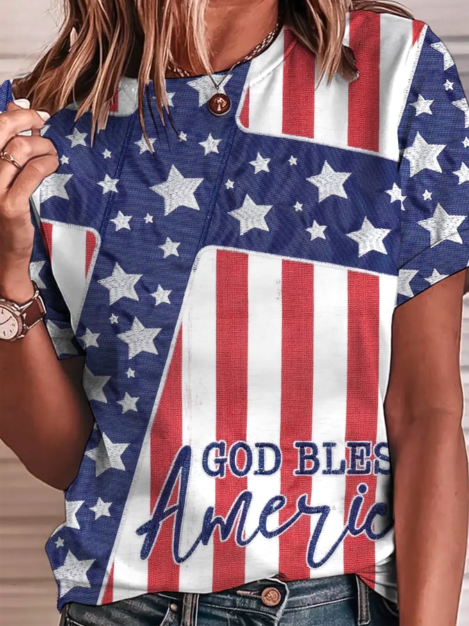 Women's  God Bless America ​​Print Short Sleeve T-Shirt
